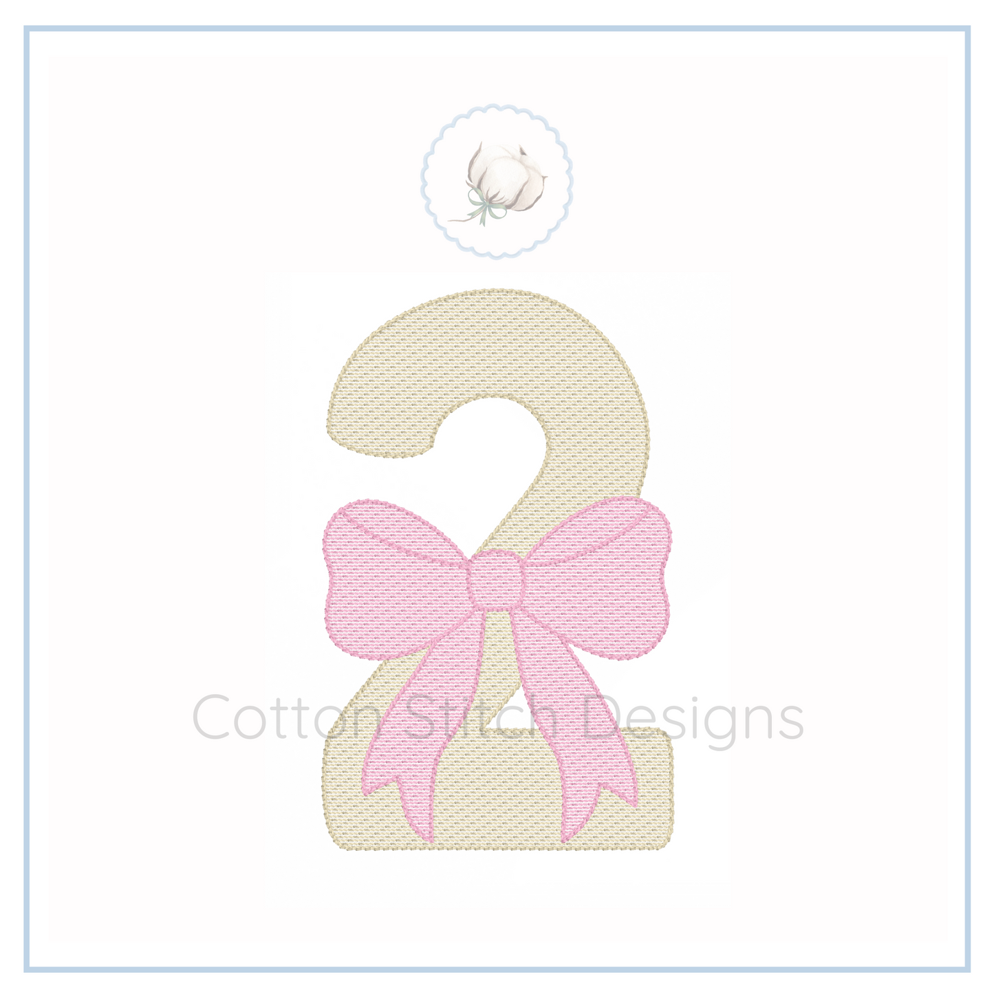 Machine Embroidery design Cotton Stitch Designs Embroidered number '2' with a pink bow on a white background, featuring the brand 'Cotton Stitch Designs'.