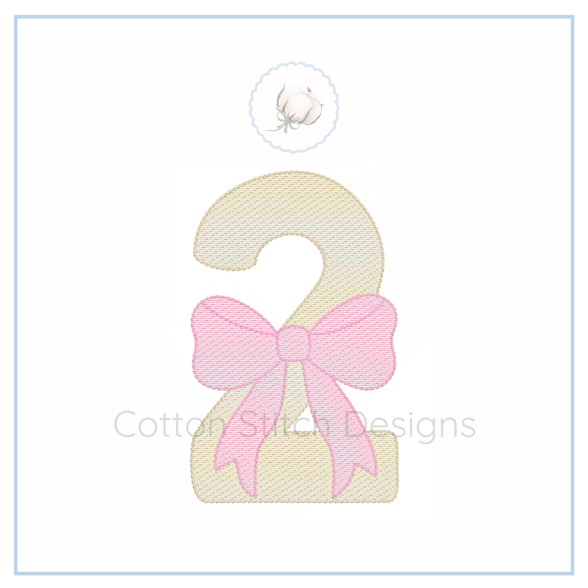 Machine Embroidery design Cotton Stitch Designs Embroidered number '2' with a pink bow on a white background, featuring the brand 'Cotton Stitch Designs'.