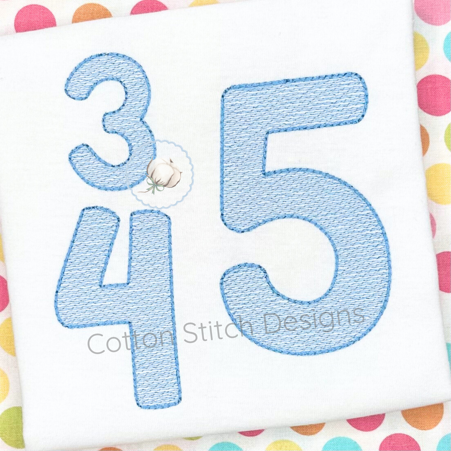 Machine Embroidery design Cotton Stitch Designs Embroidered numbers '354' on a colorful polka dot background with 'Cotton Stitch Designs' branding.