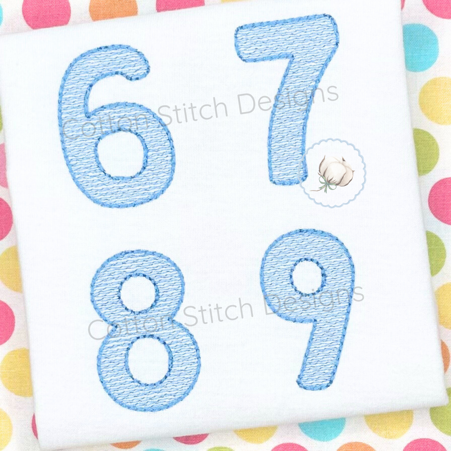 Machine Embroidery design Cotton Stitch Designs Embroidered numbers 6, 7, 8, and 9 on a colorful polka dot fabric background.