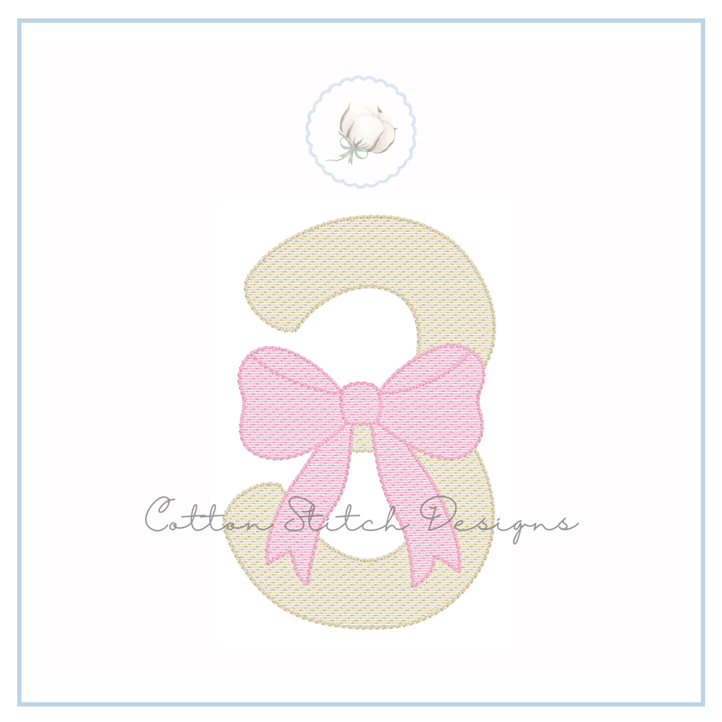 Number Three with Bow Embroidery Design