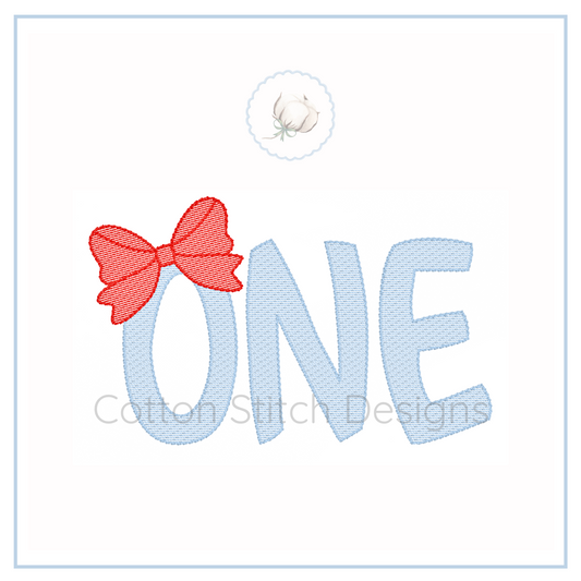 Machine Embroidery design Cotton Stitch Designs Embroidery design with a red bow and blue 'ONE' on a white background