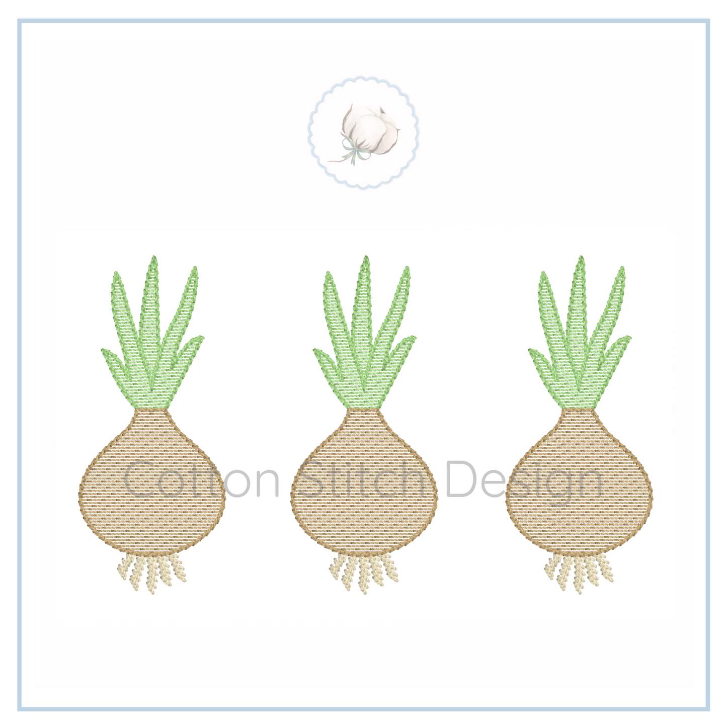 Machine Embroidery design Cotton Stitch Designs Three embroidered onions with green tops on a white background