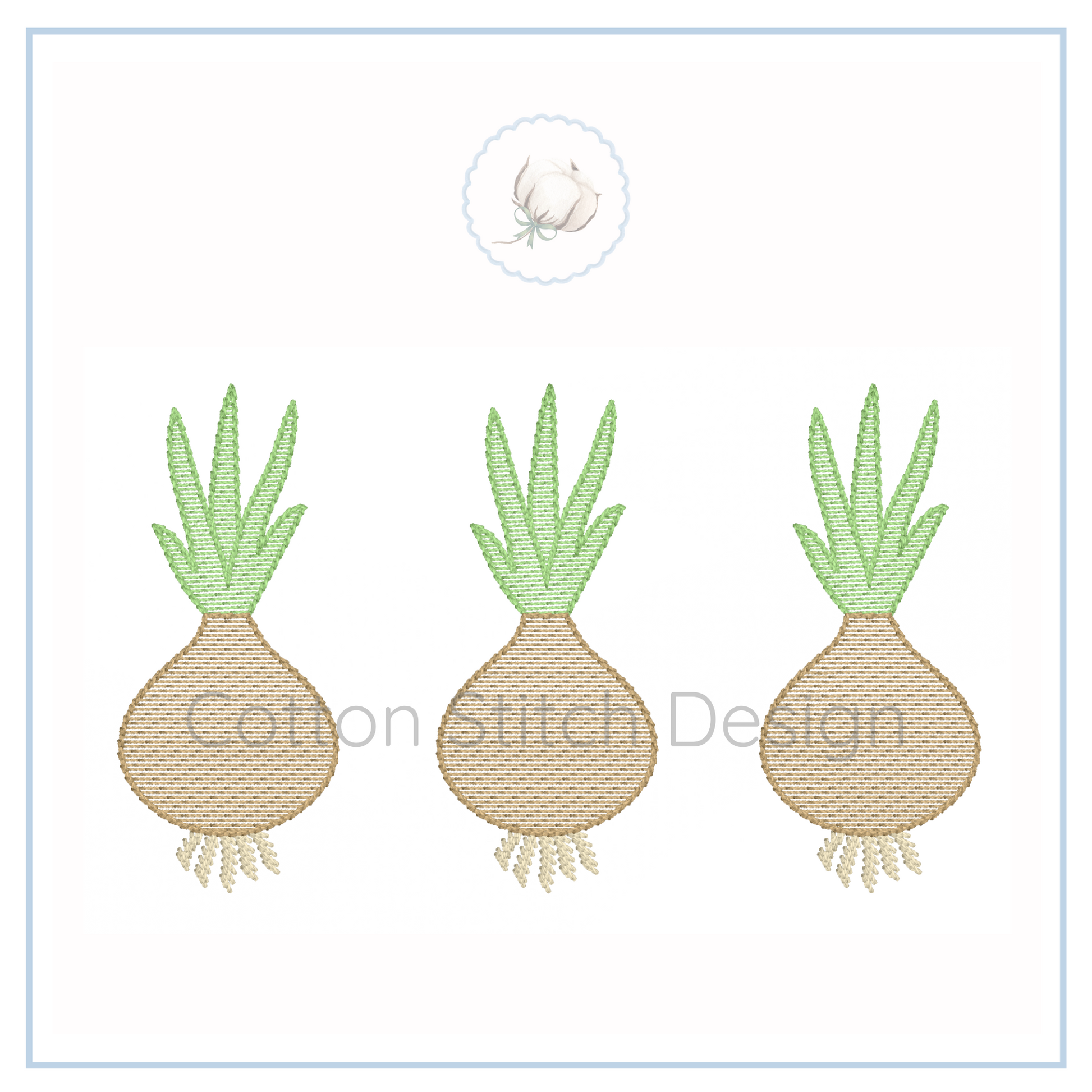 Machine Embroidery design Cotton Stitch Designs Three embroidered onions with green tops on a white background