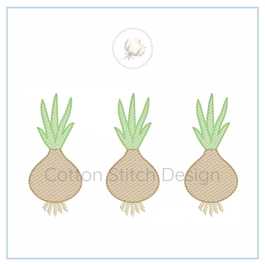 Machine Embroidery design Cotton Stitch Designs Three embroidered onions with green tops on a white background