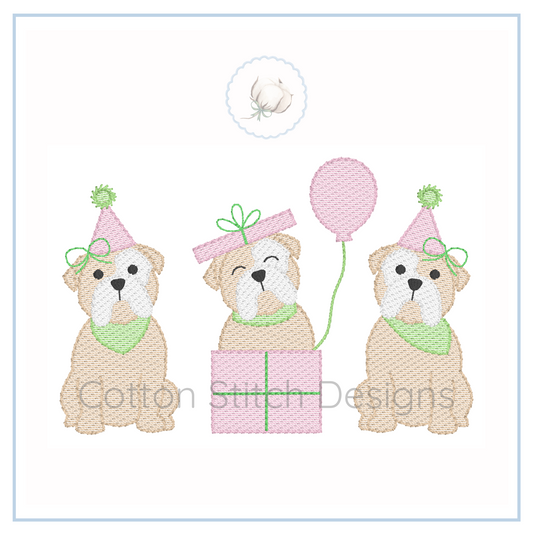 Machine Embroidery design Cotton Stitch Designs Embroidered design of three bears with balloons and a gift, featuring Cotton Stitch Designs logo.