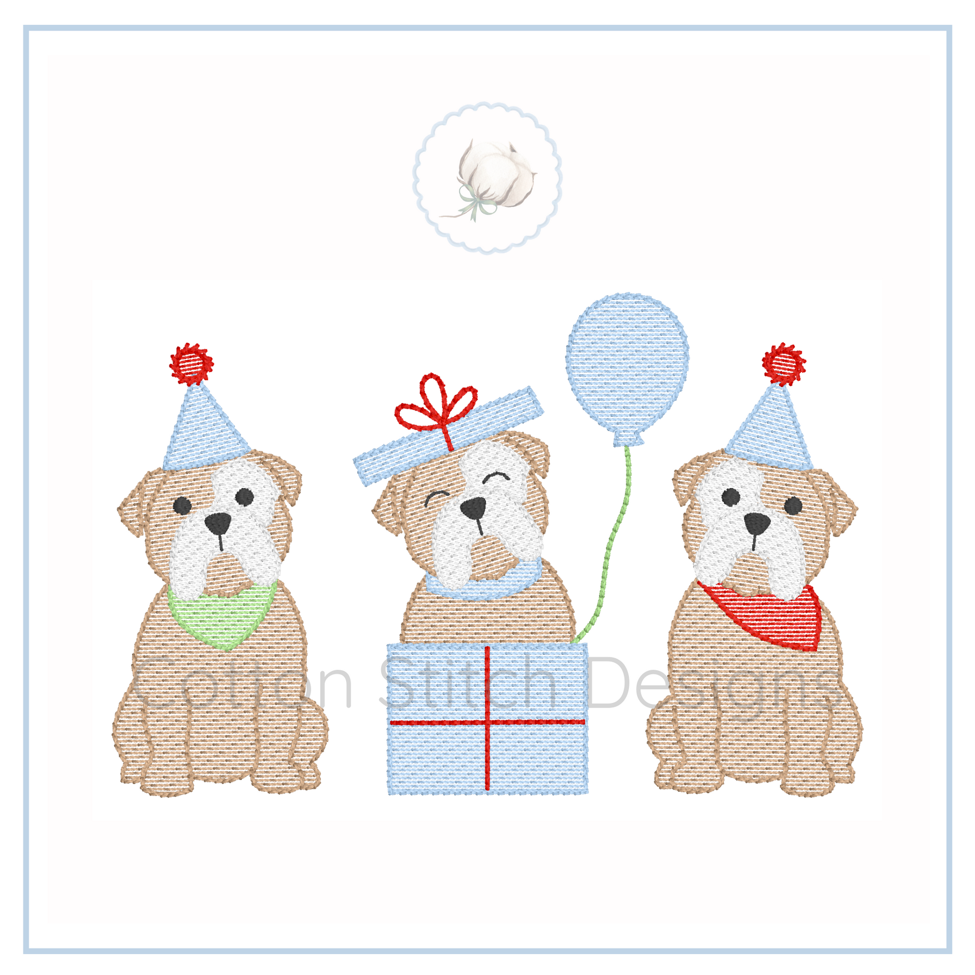 Machine Embroidery design Cotton Stitch Designs Embroidered design of three dogs with party hats and a balloon on a white background