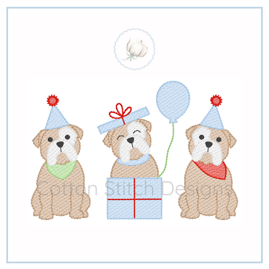 Machine Embroidery design Cotton Stitch Designs Embroidered design of three dogs with party hats and a balloon on a white background