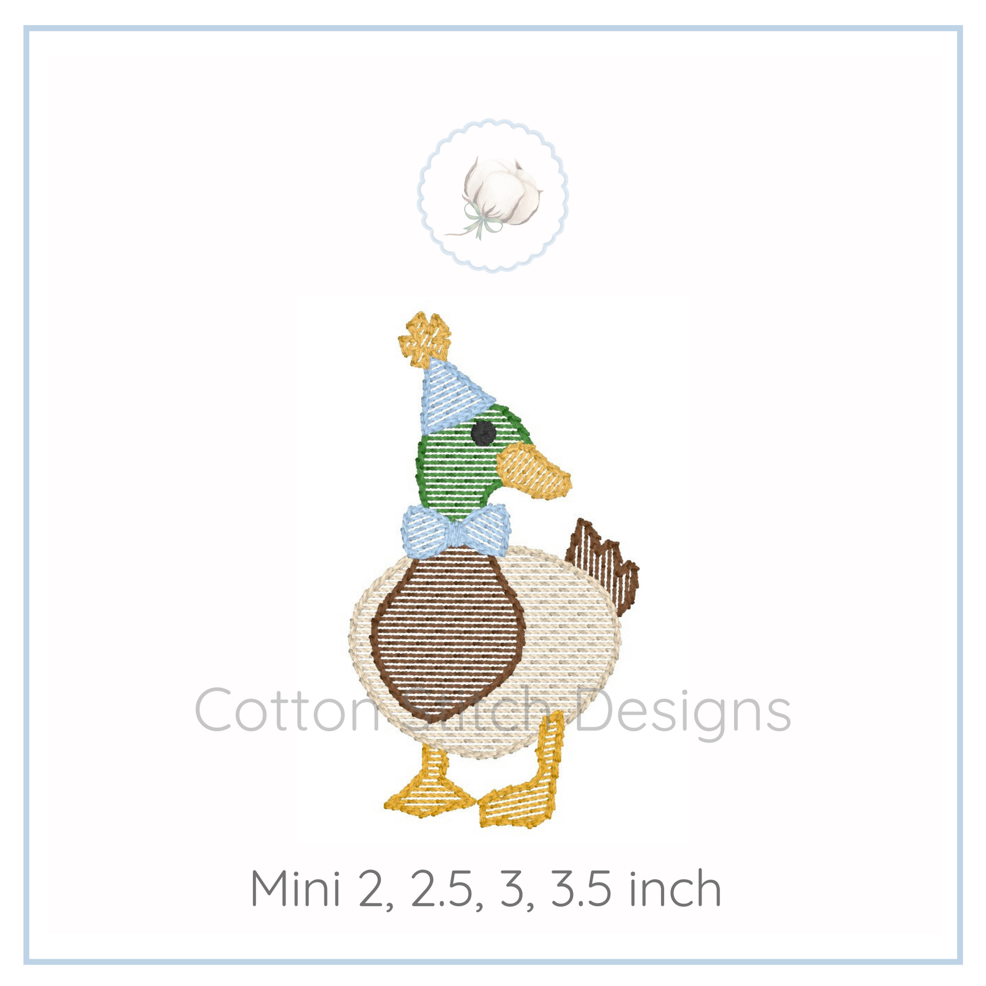 Machine Embroidery design Cotton Stitch Designs Embroidered duck design with a hat and bow tie on a white background.