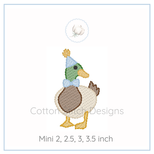 Machine Embroidery design Cotton Stitch Designs Embroidered duck design with a hat and bow tie on a white background.