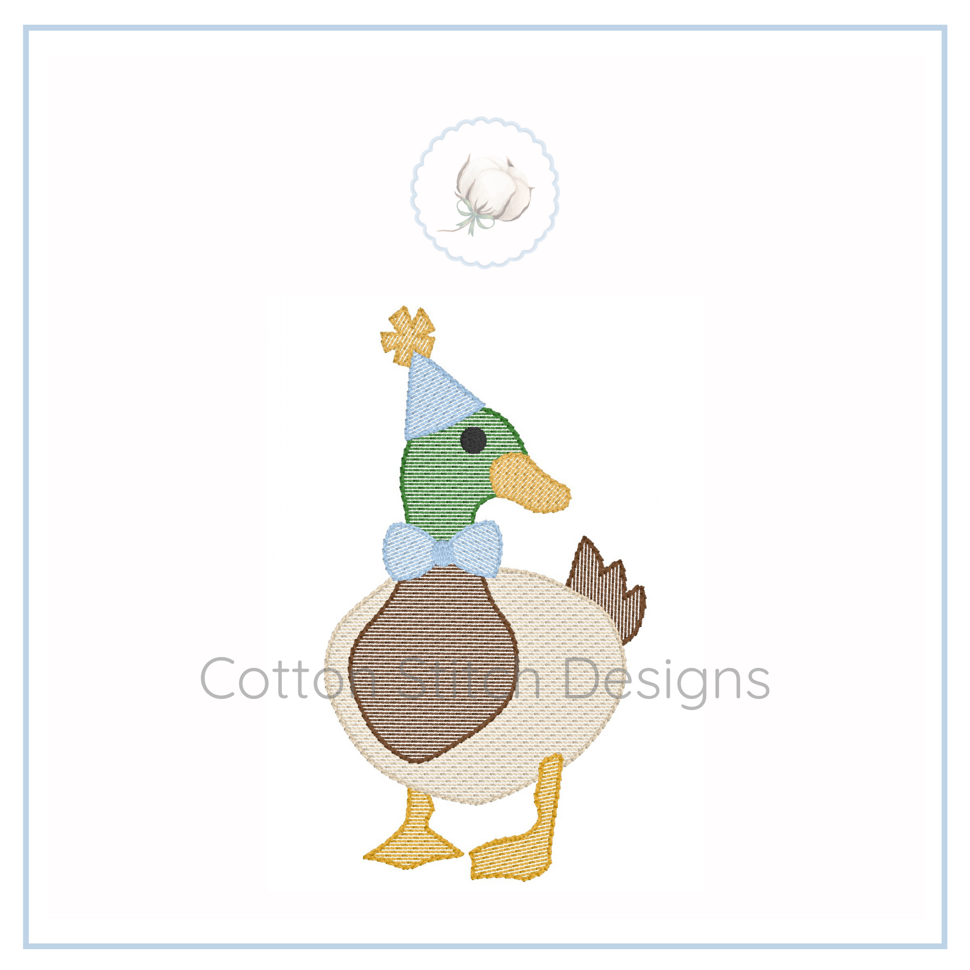 Machine Embroidery design Cotton Stitch Designs Embroidered duck design with a party hat on a white background.