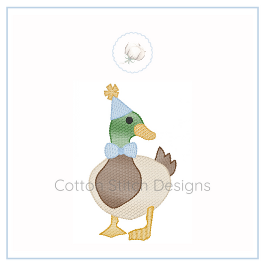 Machine Embroidery design Cotton Stitch Designs Embroidered duck design with a party hat on a white background.