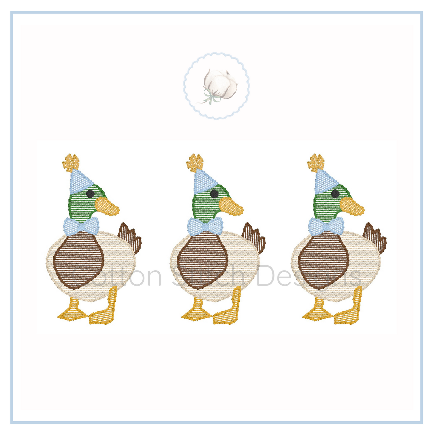 Machine Embroidery design Cotton Stitch Designs Three cartoon ducks wearing party hats and bow ties on a white background