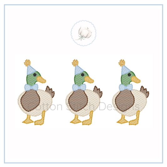 Machine Embroidery design Cotton Stitch Designs Three cartoon ducks wearing party hats and bow ties on a white background