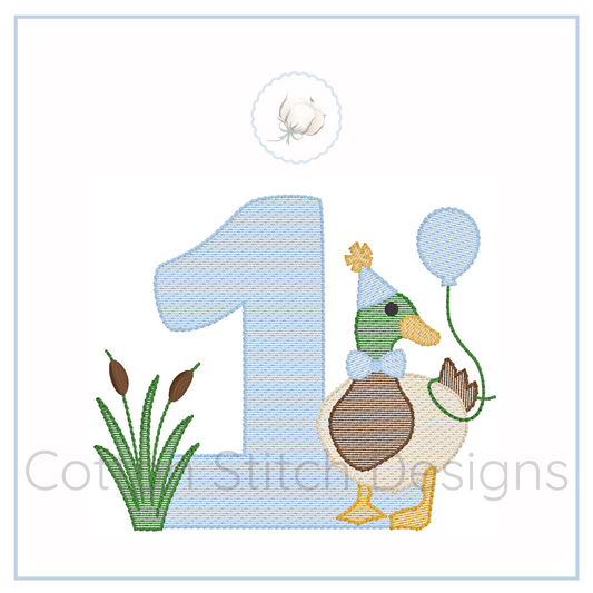 Machine Embroidery design Cotton Stitch Designs Embroidery design of a duck with a balloon and number '1' on a white background.