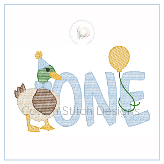 Machine Embroidery design Cotton Stitch Designs Embroidery design with a duck and balloon next to the word 'ONE' on a white background.