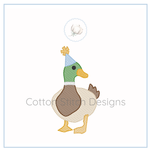 Machine Embroidery design Cotton Stitch Designs Embroidered duck wearing a party hat on a white background with 'Cotton Stitch Design' branding.