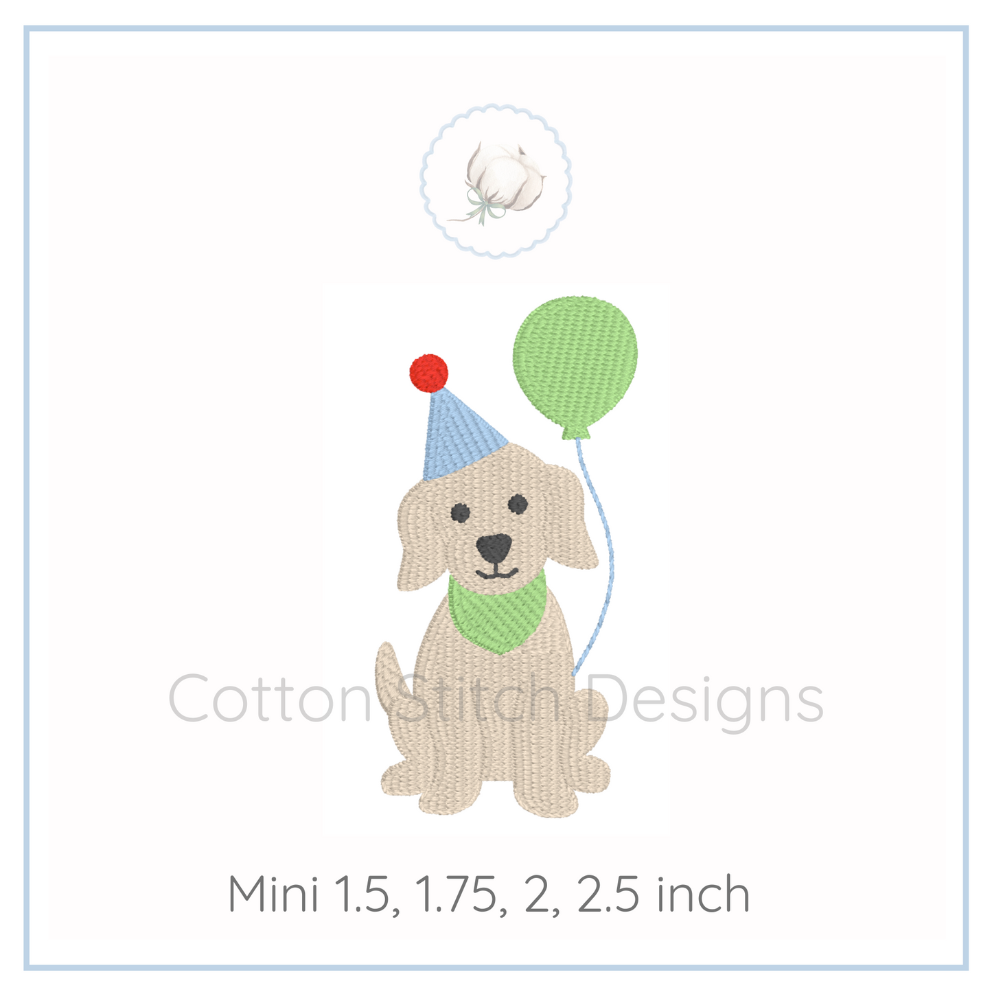 Machine Embroidery design Cotton Stitch Designs Dog with party hat and balloon embroidery design by Cotton Stitch Designs