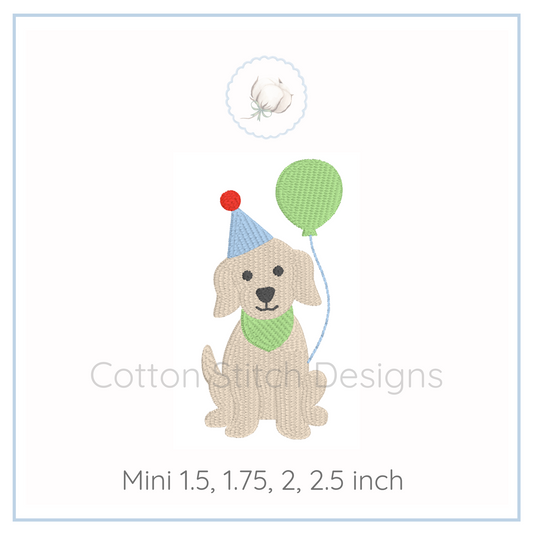 Machine Embroidery design Cotton Stitch Designs Dog with party hat and balloon embroidery design by Cotton Stitch Designs