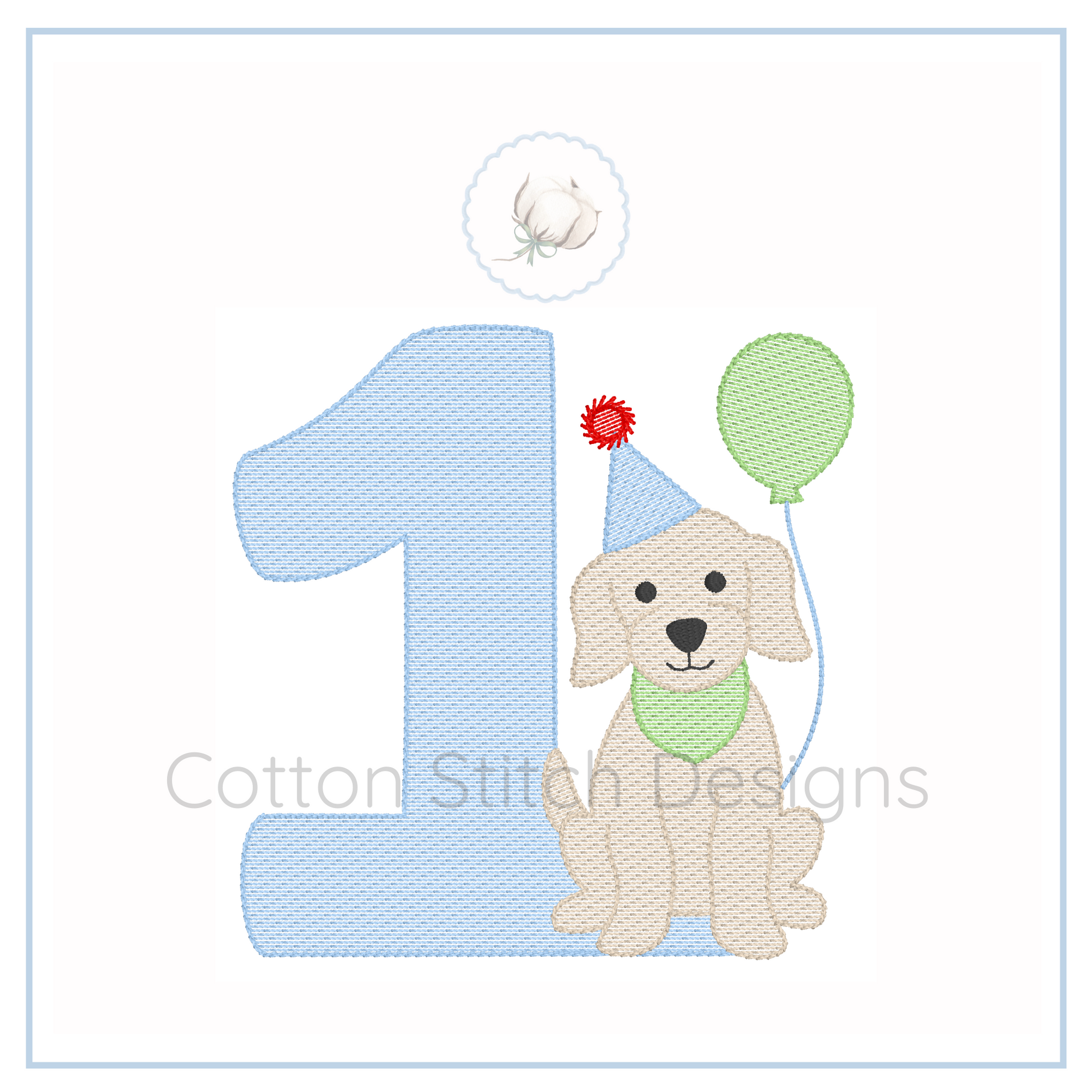 Machine Embroidery design Cotton Stitch Designs Embroidered design of a dog with a party hat and balloon next to the number '1', with 'Cotton Stitch Designs' branding.