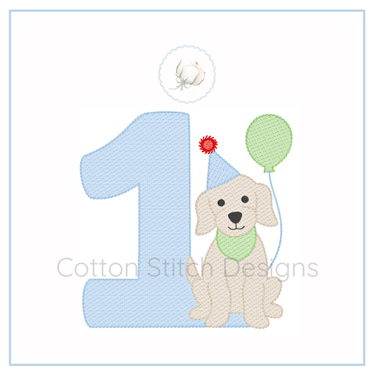 Machine Embroidery design Cotton Stitch Designs Embroidered design of a dog with a party hat and balloon next to the number '1', with 'Cotton Stitch Designs' branding.