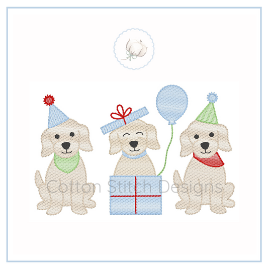 Machine Embroidery design Cotton Stitch Designs Embroidered design of three dogs with party hats and a gift, featuring Cotton Stitch Designs logo.