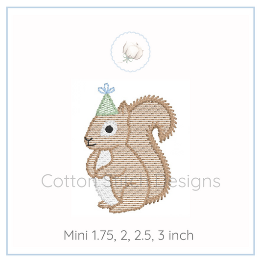 Machine Embroidery design Cotton Stitch Designs Embroidered squirrel design with party hat on a white background, featuring 'Cotton Stitch Designs' branding.