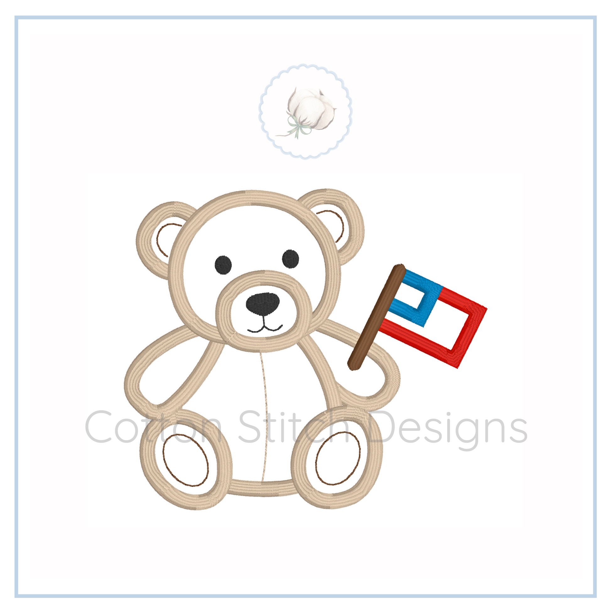 Embroidery design of a teddy bear holding a small flag on a white background with 'Cotton Stitch Designs' branding.
