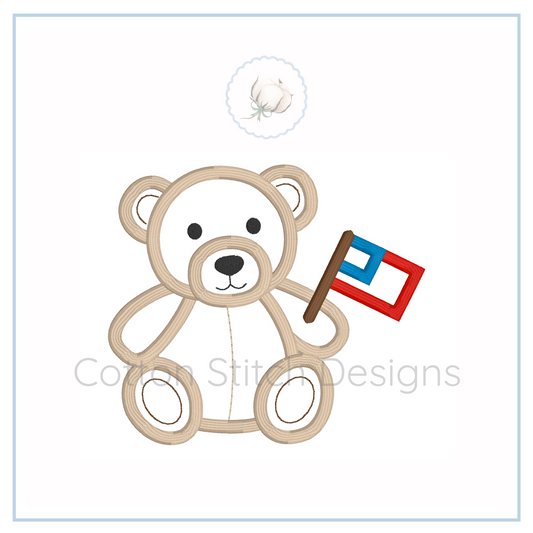 Embroidery design of a teddy bear holding a small flag on a white background with 'Cotton Stitch Designs' branding.