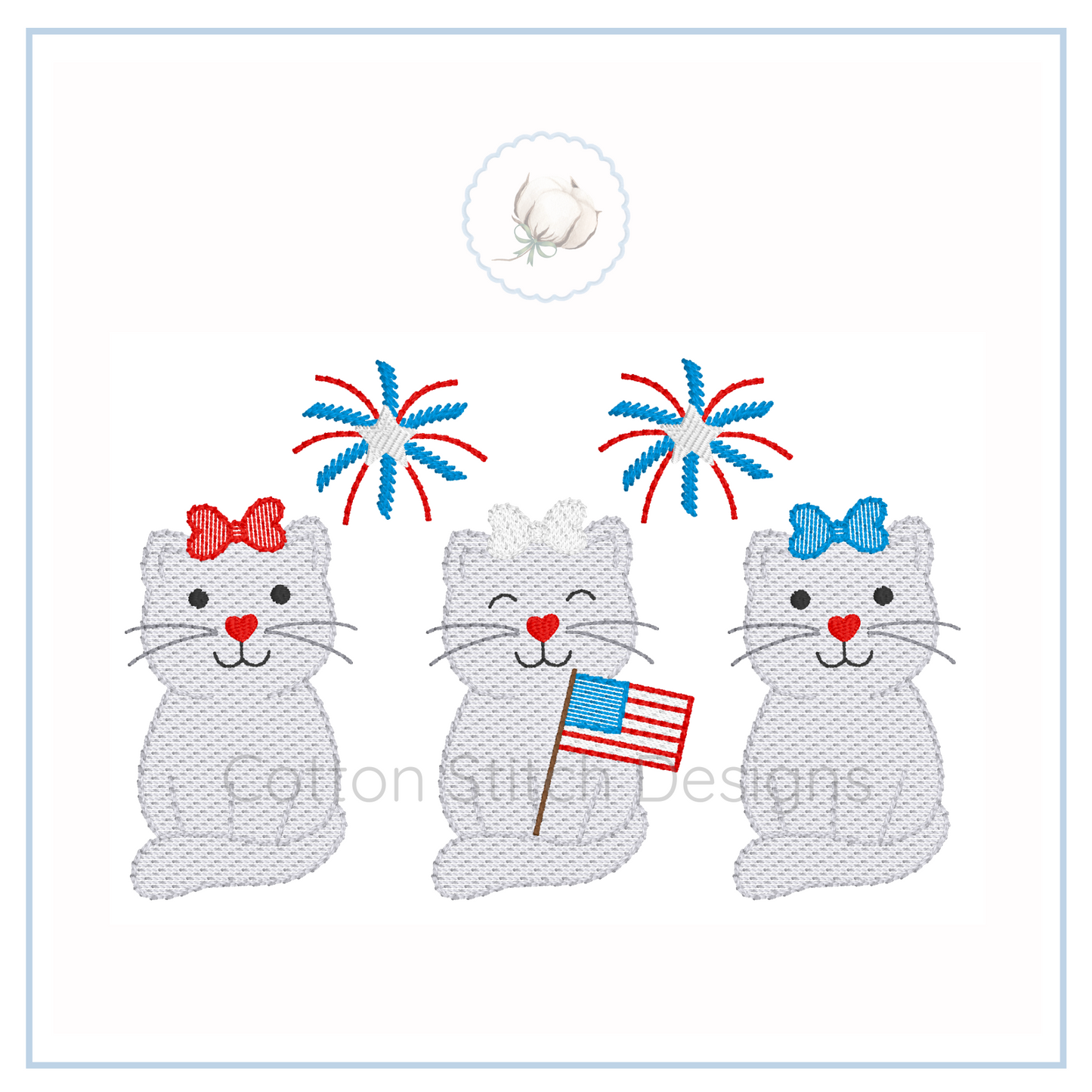 Machine Embroidery design Cotton Stitch Designs Embroidered design of three cats with patriotic elements on a white background