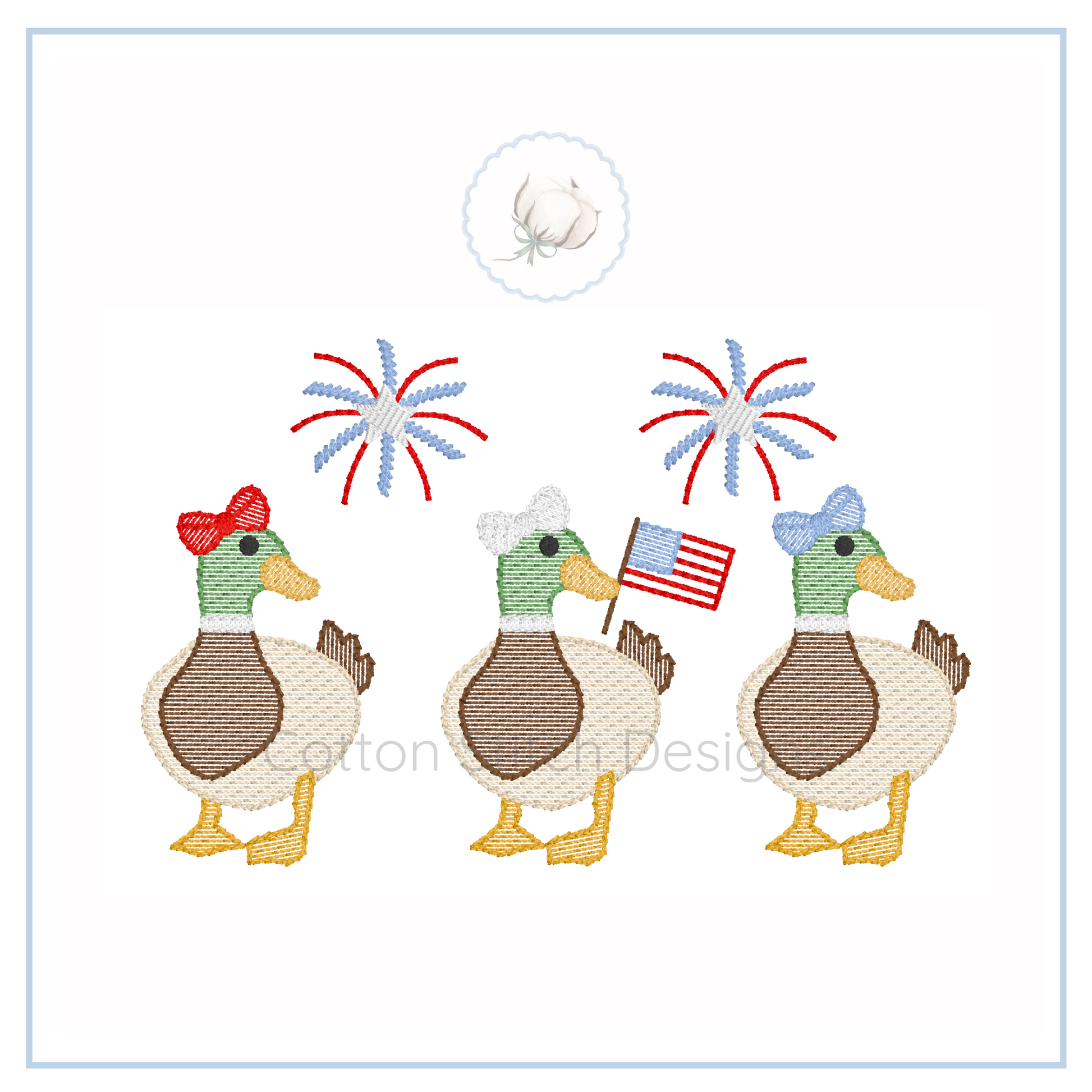 Machine Embroidery design Cotton Stitch Designs Embroidered design of three ducks with fireworks and an American flag on a white background.