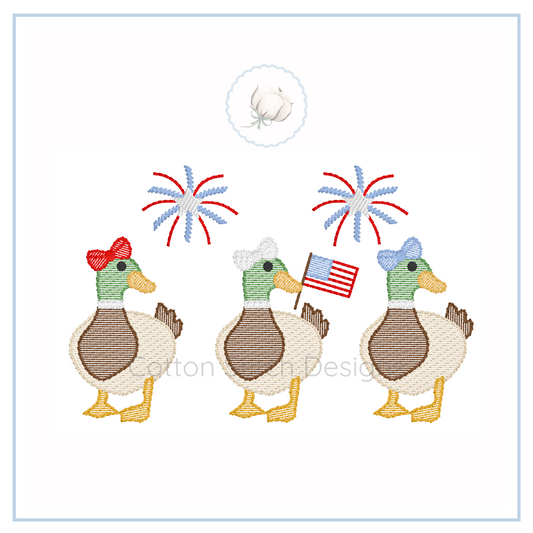 Machine Embroidery design Cotton Stitch Designs Embroidered design of three ducks with fireworks and an American flag on a white background.