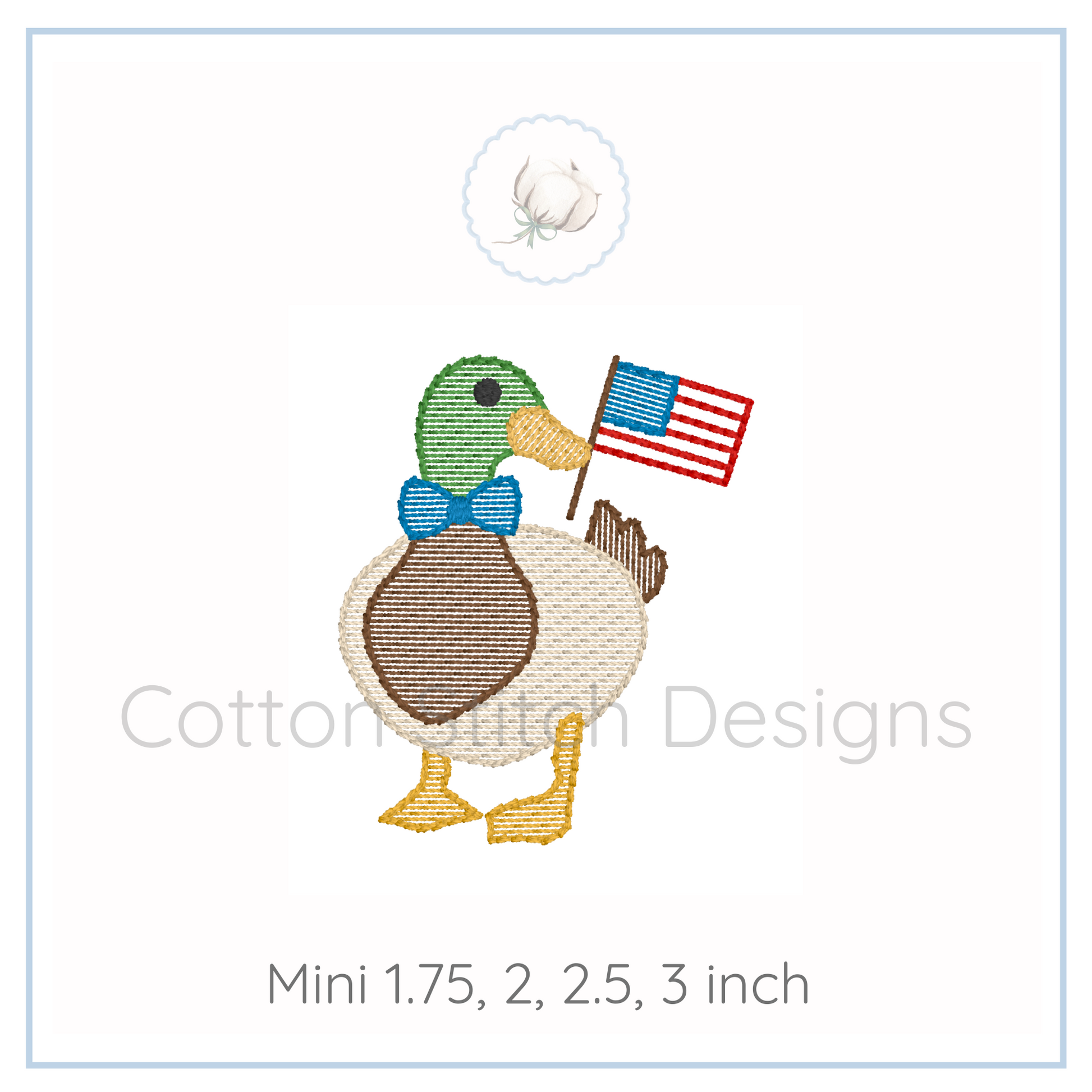 Machine Embroidery design Cotton Stitch Designs Embroidered duck holding an American flag with size options displayed.