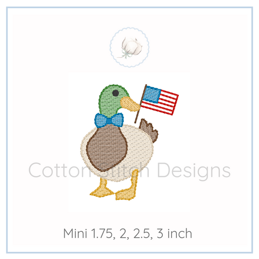 Machine Embroidery design Cotton Stitch Designs Embroidered duck holding an American flag with size options displayed.