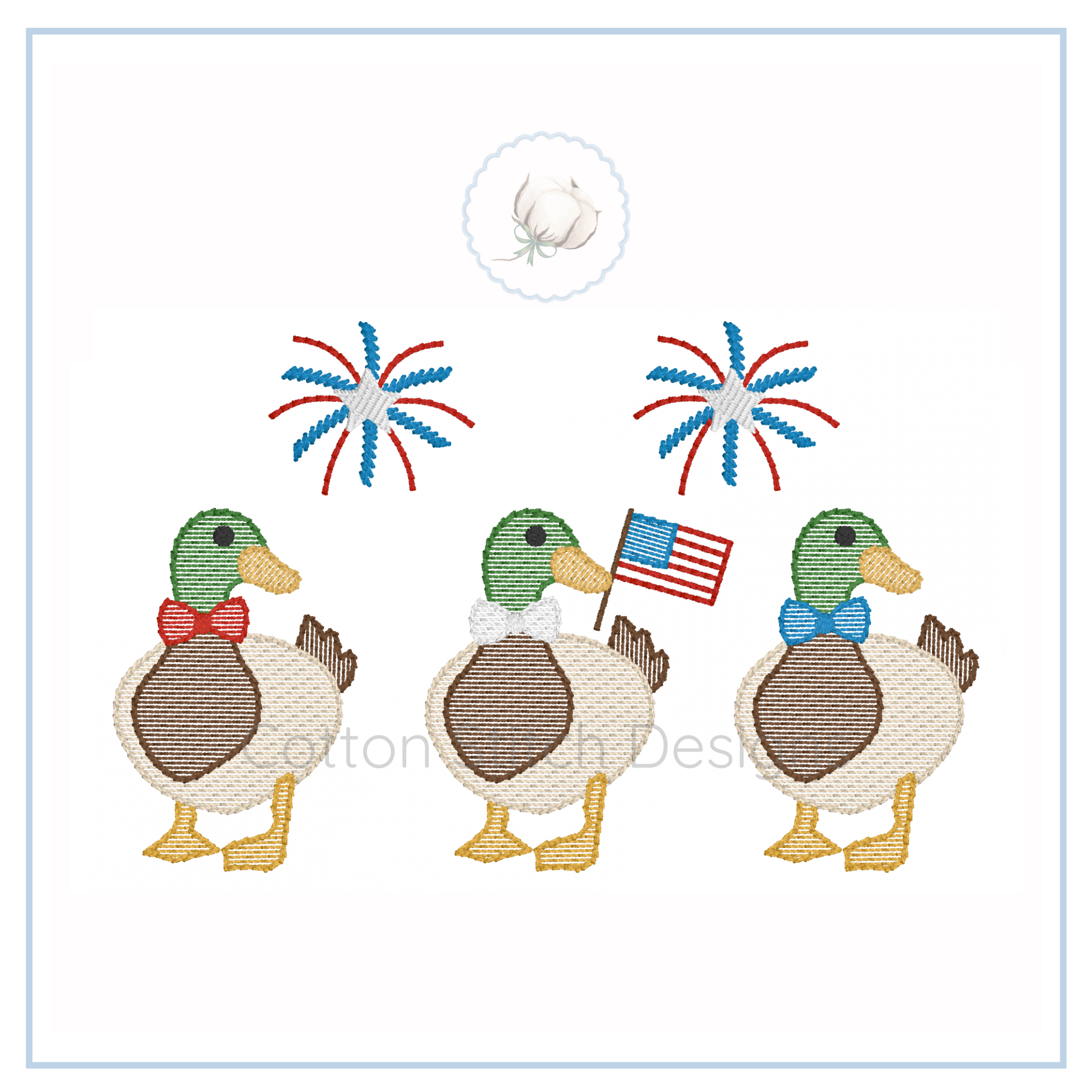 Machine Embroidery design Cotton Stitch Designs Embroidered design of three ducks with accessories and fireworks on a white background