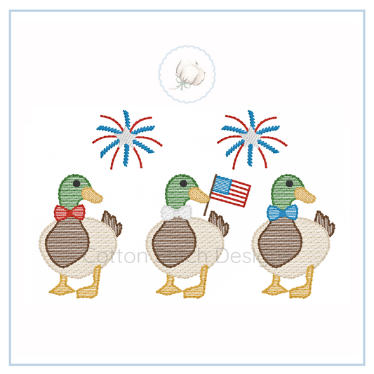 Machine Embroidery design Cotton Stitch Designs Embroidered design of three ducks with accessories and fireworks on a white background