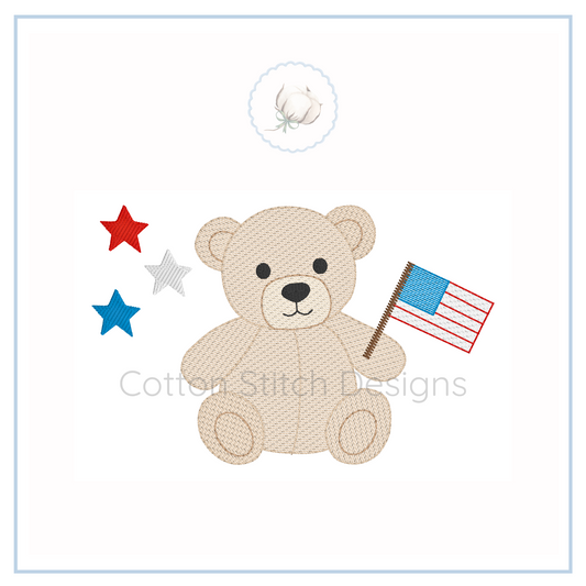 Machine Embroidery design Cotton Stitch Designs Embroidered design of a teddy bear holding an American flag with stars and stripes on a white background.