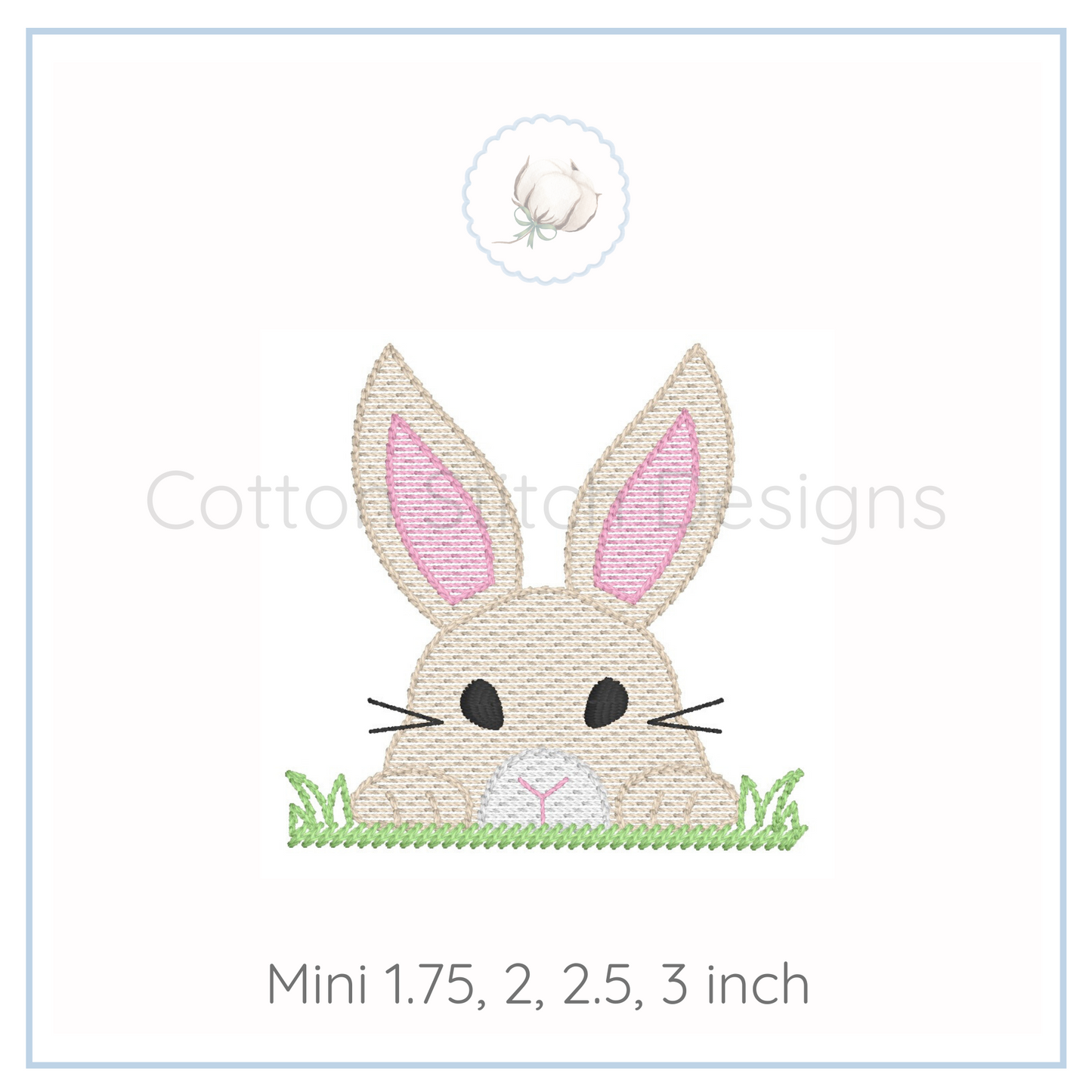 Machine Embroidery design Cotton Stitch Designs Embroidered bunny design with grass on a white background, featuring the brand 'Cotton and Clay Designs'.
