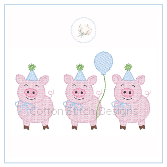 Machine Embroidery design Cotton Stitch Designs Three pink pigs with party hats and balloons on a white background, featuring the Cotton Stitch Designs logo.
