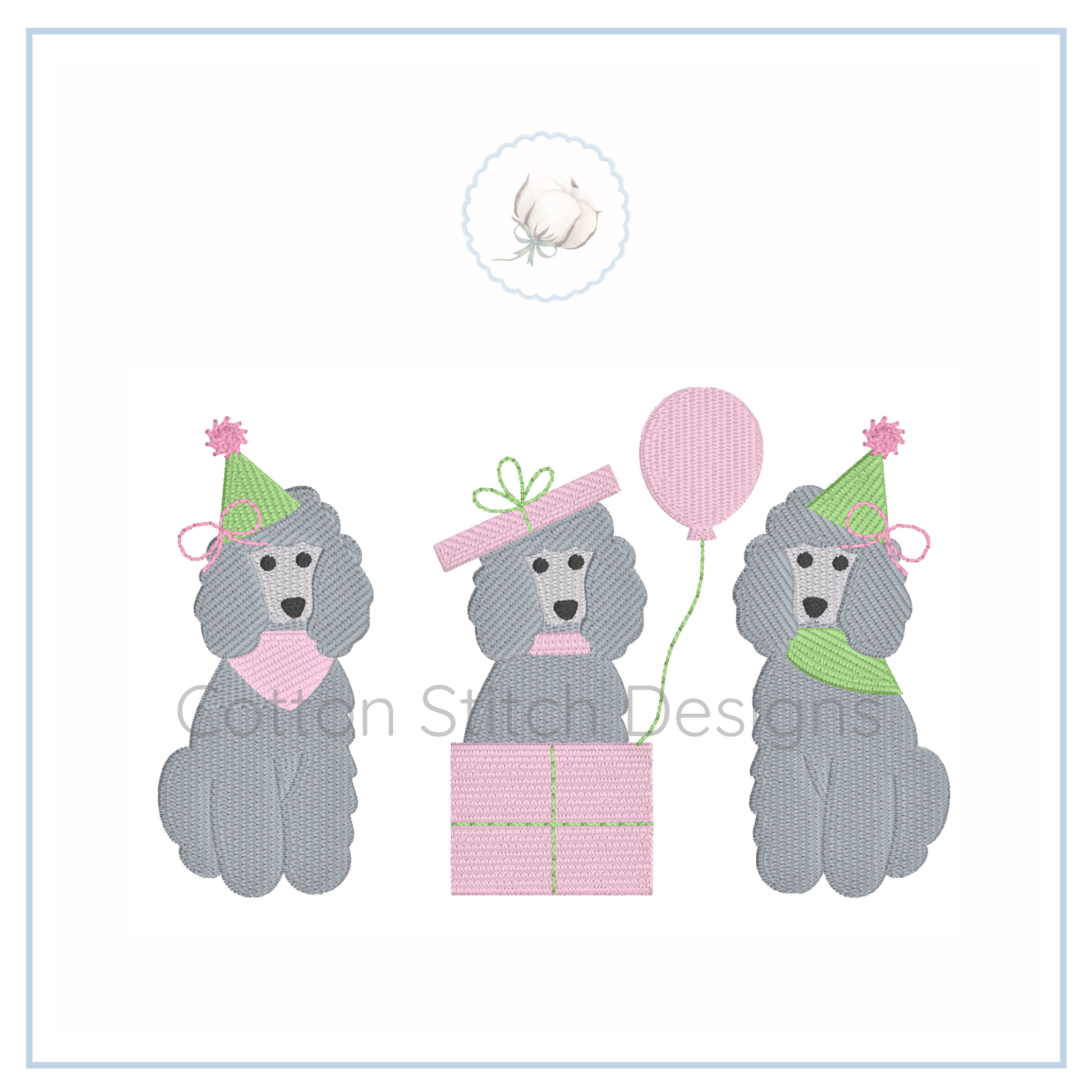 Machine Embroidery design Cotton Stitch Designs Three poodles in party hats with a present and balloon on a white background