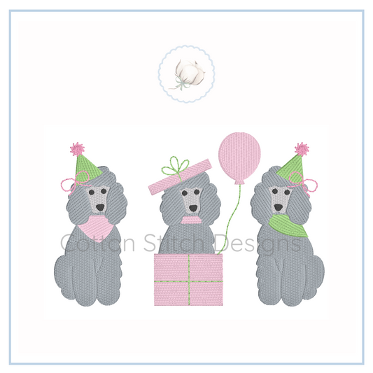 Machine Embroidery design Cotton Stitch Designs Three poodles in party hats with a present and balloon on a white background