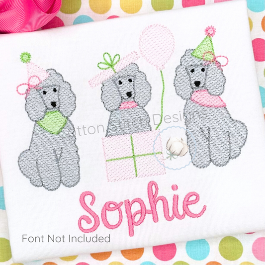 Machine Embroidery design Cotton Stitch Designs Embroidered design of three poodles with decorative elements on a fabric background.