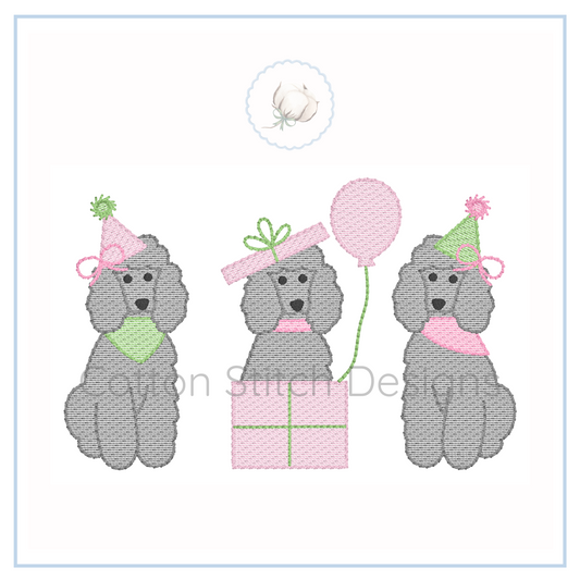 Machine Embroidery design Cotton Stitch Designs Three poodles in party hats with a gift and balloon on a white background