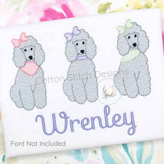 Machine Embroidery design Cotton Stitch Designs Embroidered design of three poodles with decorative bows and the name 'Wrenley' on a white background.