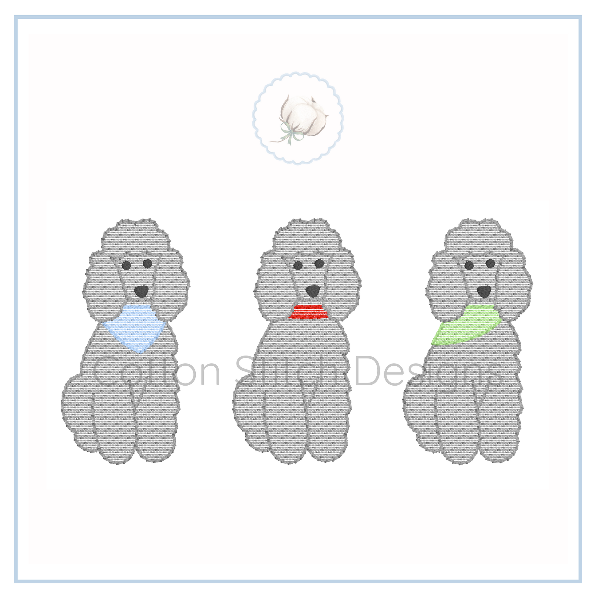 Machine Embroidery design Cotton Stitch Designs Three embroidered poodle designs with colorful bandanas on a white background.