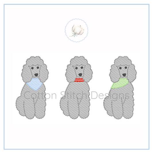 Machine Embroidery design Cotton Stitch Designs Three embroidered poodle designs with colorful bandanas on a white background.