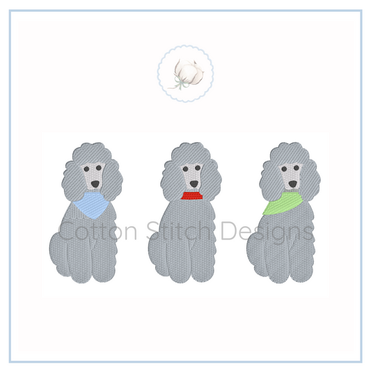 Machine Embroidery design Cotton Stitch Designs Three poodle-shaped design with colorful scarfs on a white background.