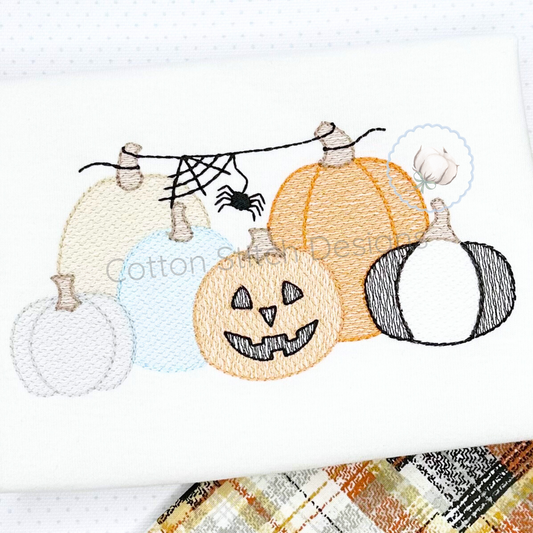 Machine Embroidery design Cotton Stitch Designs Embroidered design of pumpkins with a spider web on a white background