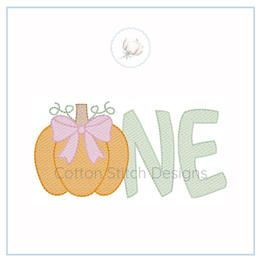 Machine Embroidery design Cotton Stitch Designs pumpkin and the word 'ONE' on a white background.