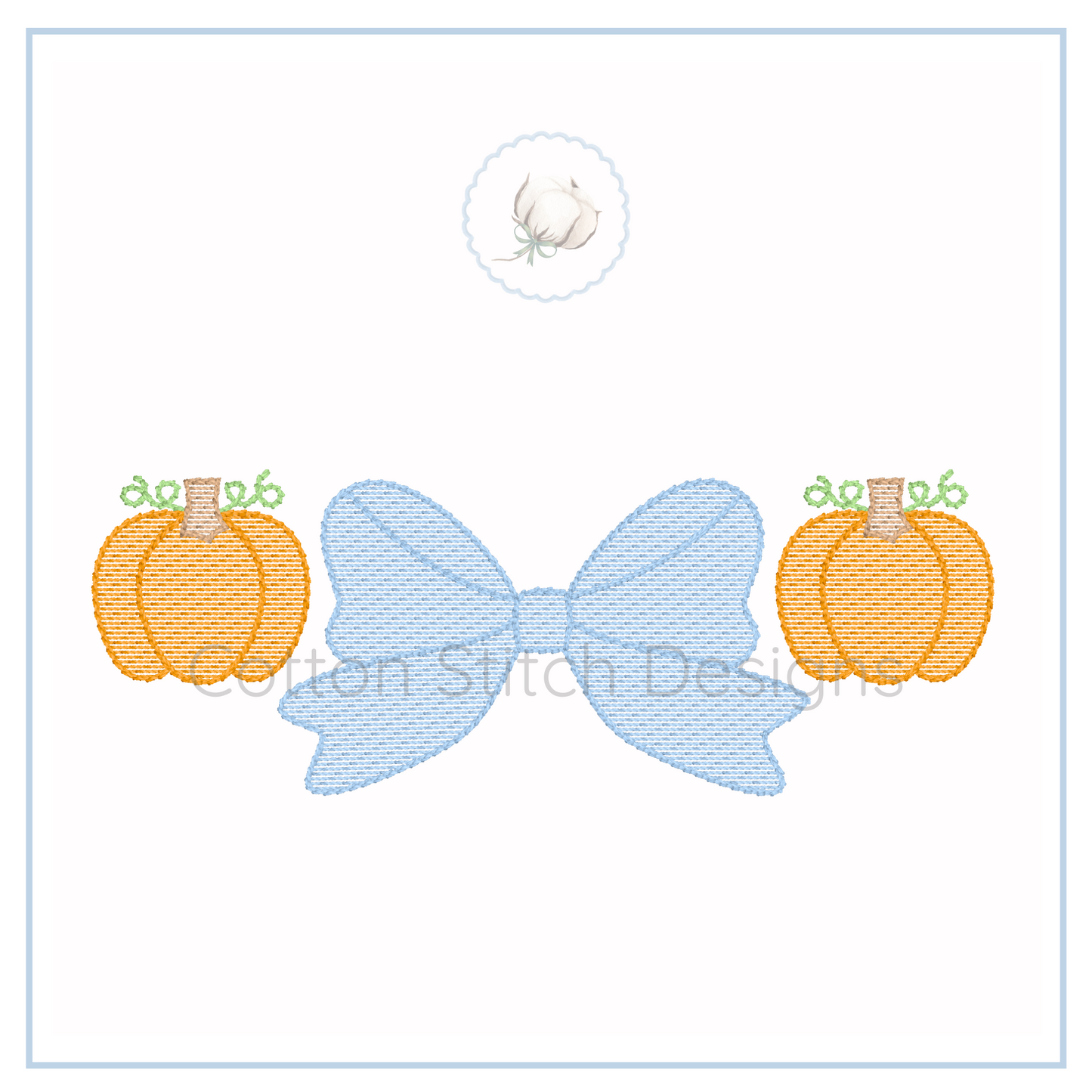 Machine Embroidery design Cotton Stitch Designs Embroidery design of a blue bow with two orange pumpkins on a white background